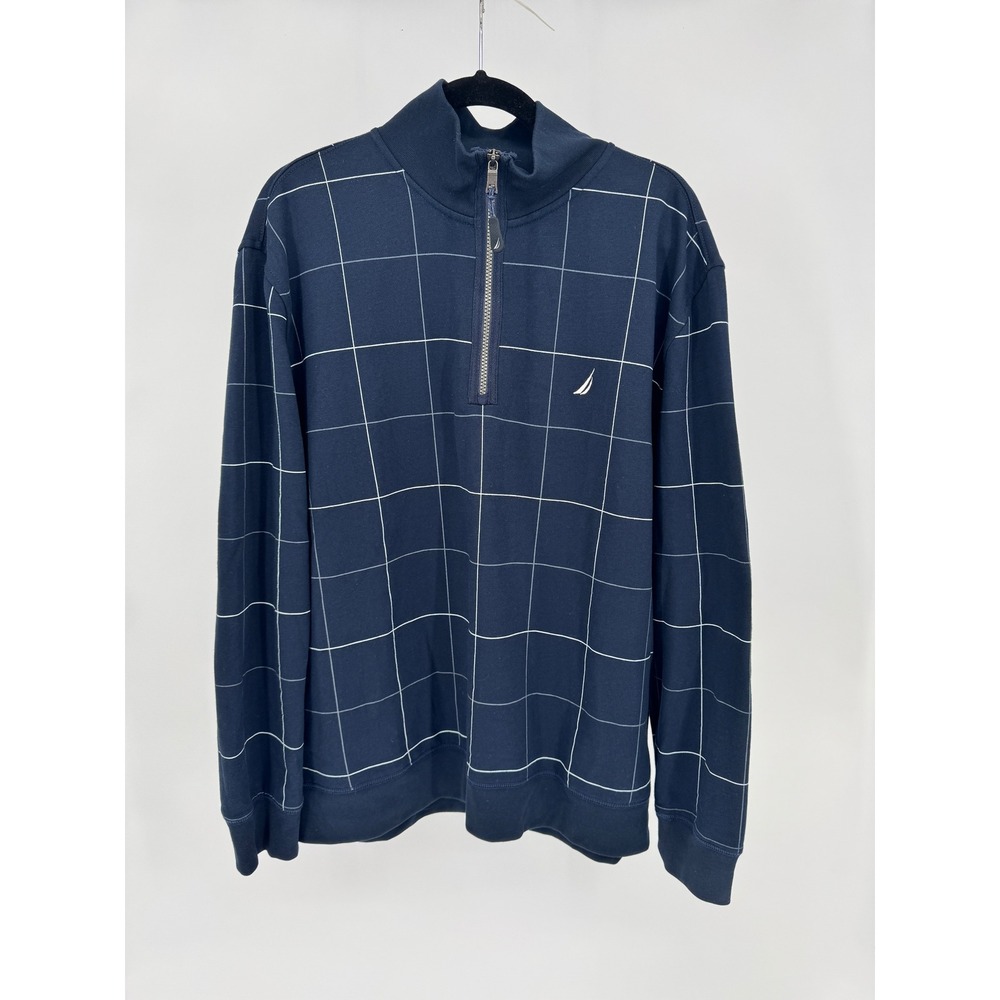 Nautica Mens Grid Pattern Quarter Zip Long Sleeve Pullover Navy XL